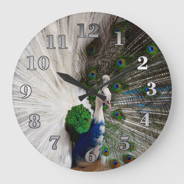 White Blue Peacock Large Clock (Front)