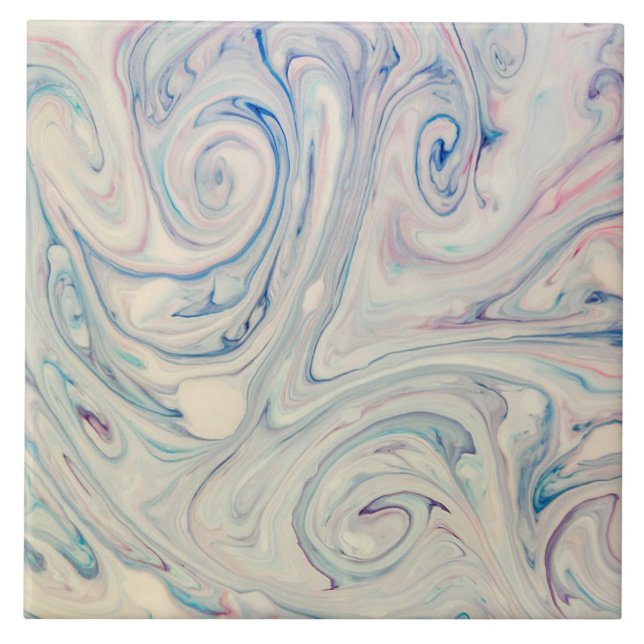 White Blue Pink Modern Abstract Fluid Marbling Art Ceramic Tile (Front)