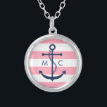 White Blue Pink Monogram Stripes Anchor Silver Plated Necklace<br><div class="desc">Stylish design features an anchor silhouette on wide stripes and can be personalised with your monogram,  initials,  name,  or any text of your choice.</div>