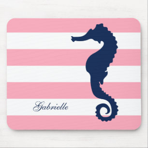White Blue Pink Stripes Seahorse Mouse Pad