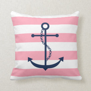 White Blue & Pink Wide Stripes Pattern Anchor Cushion