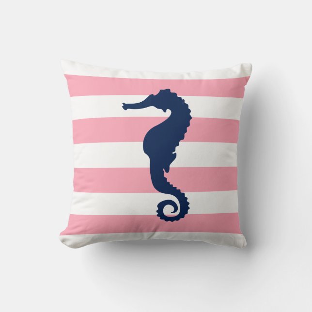 White Blue & Pink Wide Stripes Pattern Seahorse Cushion (Front)