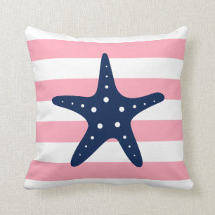 White Blue & Pink Wide Stripes Pattern Starfish Cushion