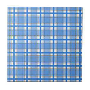 White Blue Plaid Horizontal Vertical Lines Squares Ceramic Tile