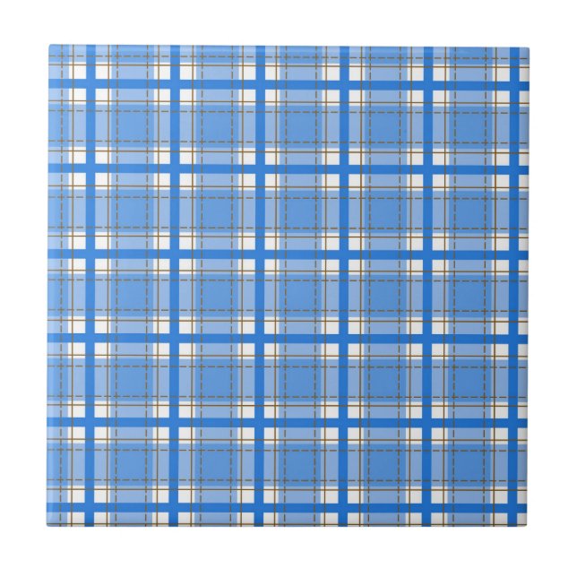 White Blue Plaid Horizontal Vertical Lines Squares Ceramic Tile (Front)