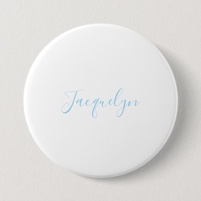 White Blue Plain Elegant Modern Calligraphy Name 7.5 Cm Round Badge (Front)