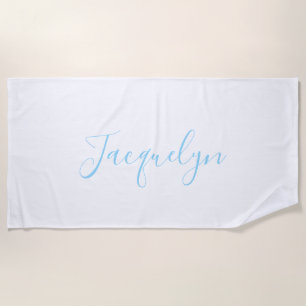 White Blue Plain Elegant Modern Calligraphy Name Beach Towel