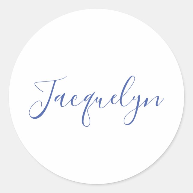 White Blue Plain Elegant Modern Calligraphy Name Classic Round Sticker (Front)
