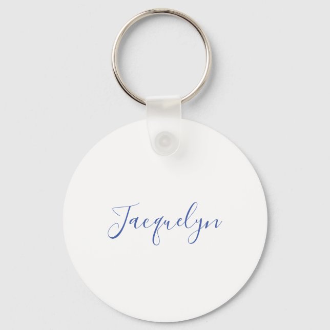 White Blue Plain Elegant Modern Calligraphy Name Key Ring (Front)