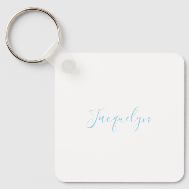 White Blue Plain Elegant Modern Calligraphy Name Key Ring (Front)