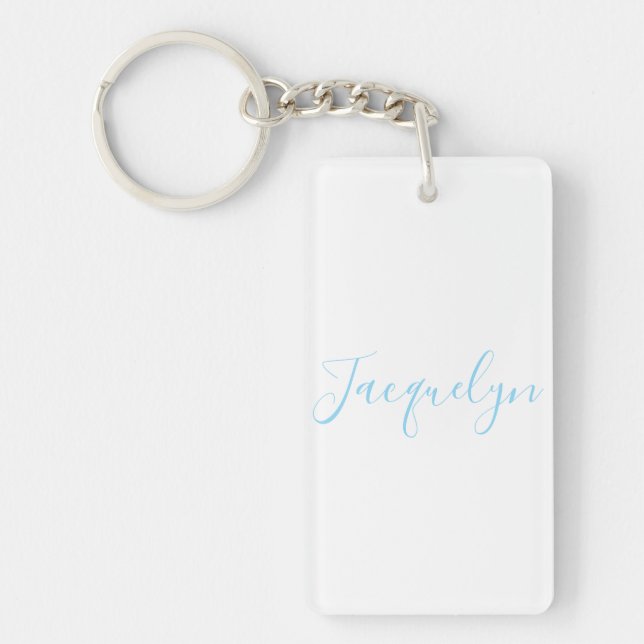 White Blue Plain Elegant Modern Calligraphy Name Key Ring (Front)