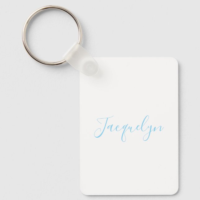 White Blue Plain Elegant Modern Calligraphy Name Key Ring (Front)