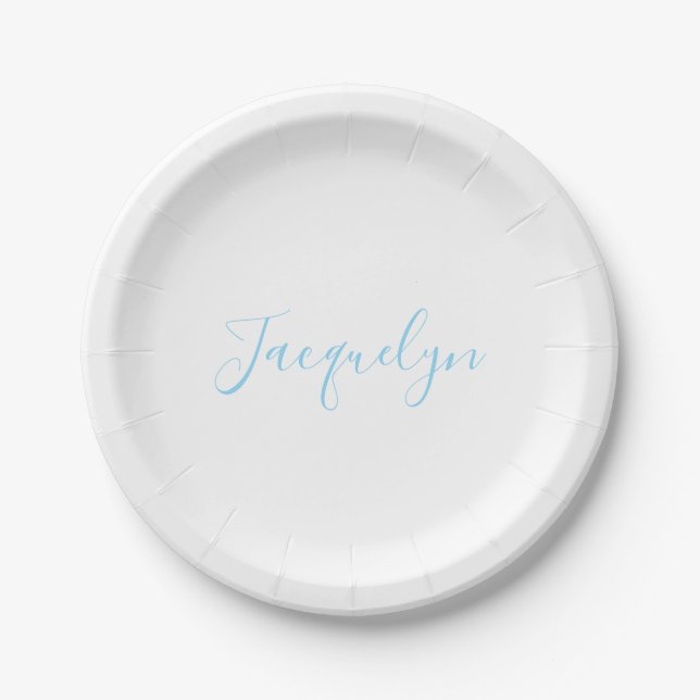 White Blue Plain Elegant Modern Calligraphy Name Paper Plate (Front)