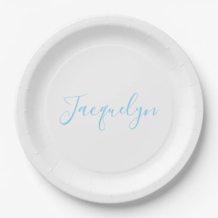 White Blue Plain Elegant Modern Calligraphy Name Paper Plate
