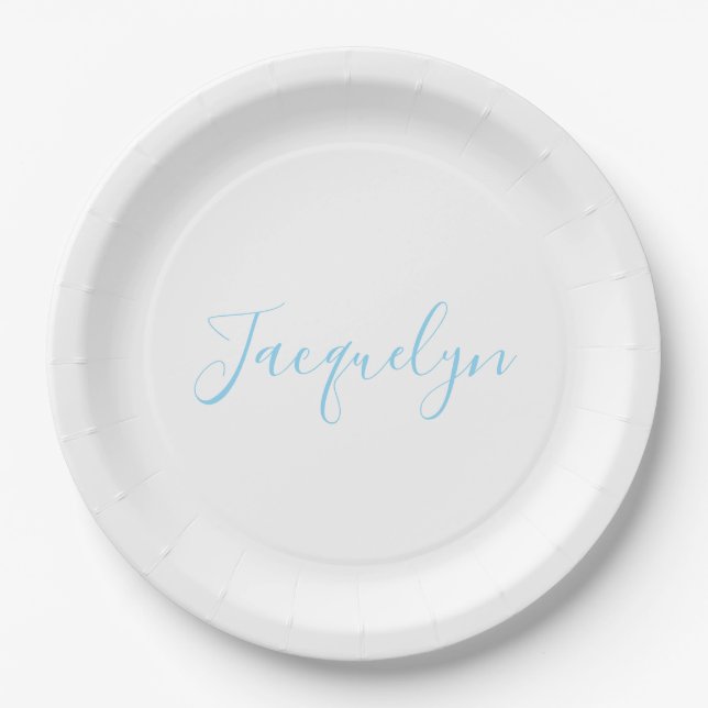 White Blue Plain Elegant Modern Calligraphy Name Paper Plate (Front)