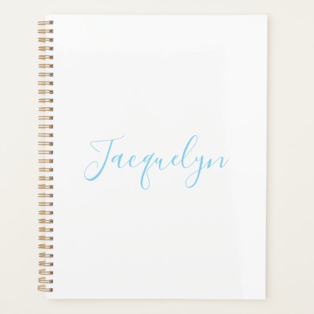 White Blue Plain Elegant Modern Calligraphy Name Planner (Front)