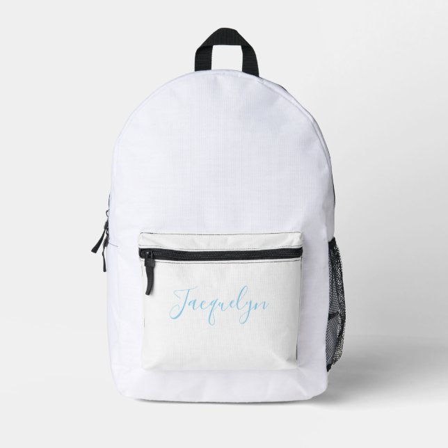 White Blue Plain Elegant Modern Calligraphy Name Printed Backpack (Front)