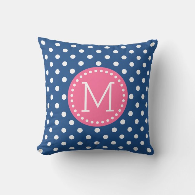 White & Blue Polkadot Pattern Pink Accents Cushion (Front)