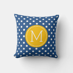 White & Blue Polkadot Pattern Yellow Accents Cushion