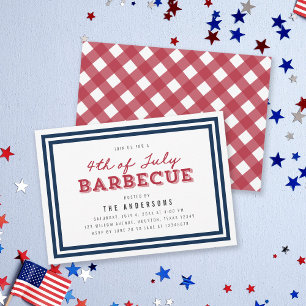 White Blue & Red Gingham 4th of July Barbecue Invitation
