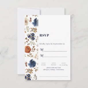 White Blue Rust French Country Floral Wedding RSVP Card