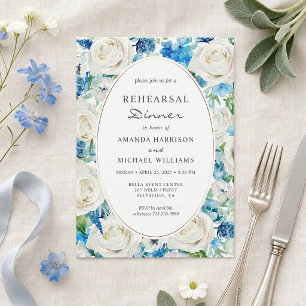 White Blue Sage Floral Rehearsal Dinner Invitation