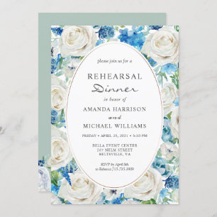 White Blue Sage Green Floral Rehearsal Dinner Invitation