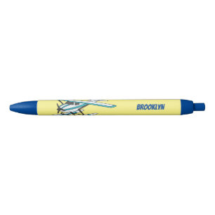 White blue seaplane illustration black ink pen