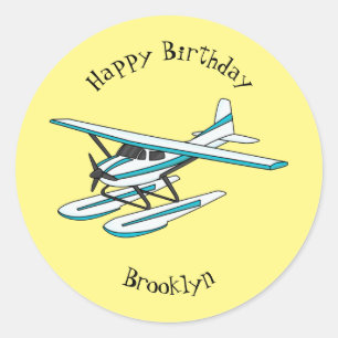 White blue seaplane illustration classic round sticker
