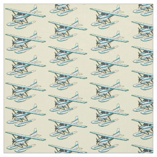White blue seaplane illustration  fabric