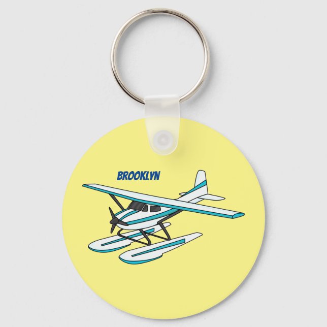 White blue seaplane illustration key ring (Front)