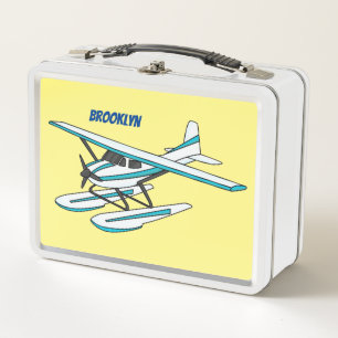 White blue seaplane illustration metal lunch box