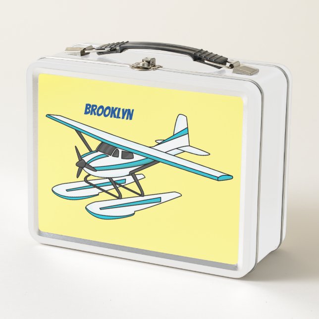 White blue seaplane illustration metal lunch box (Front)
