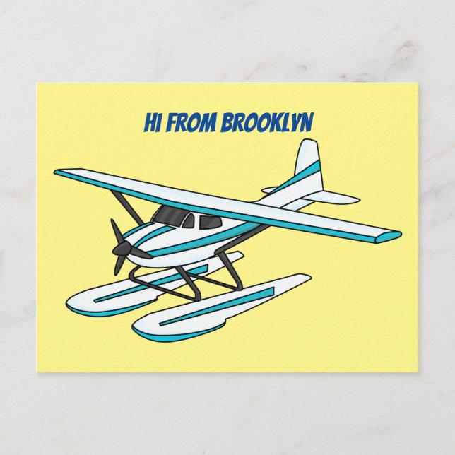 White blue seaplane illustration postcard (Front)