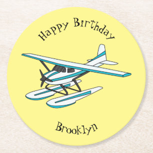 White blue seaplane illustration round paper coaster