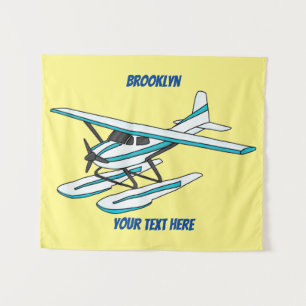 White blue seaplane illustration tapestry