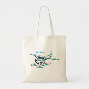 White blue seaplane illustration tote bag