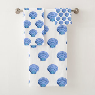 WHITE BLUE SEASHELL BATHROOM TOWEL SET