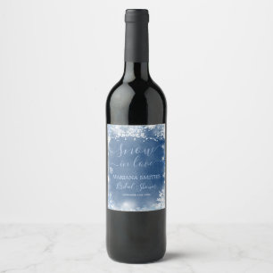White Blue Snow in Love Snowflake Bridal Shower Wine Label