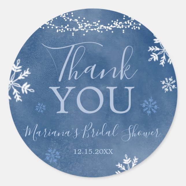 White Blue Snow in Love Snowflake Bridal Thank You Classic Round Sticker (Front)