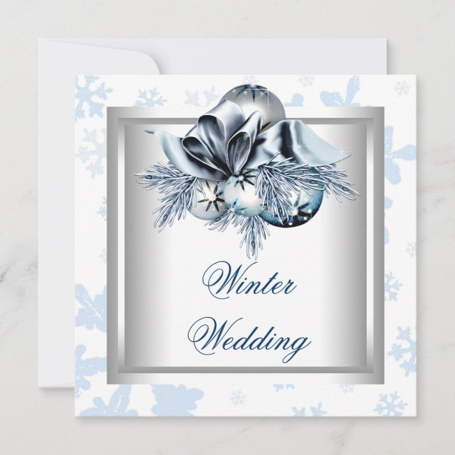 White Blue Snowflake Blue Winter Wedding Invitation (Front)