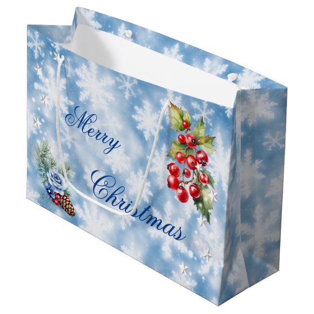 White Blue Snowflake Holly Berries Merry Christmas Large Gift Bag (Front Angled)
