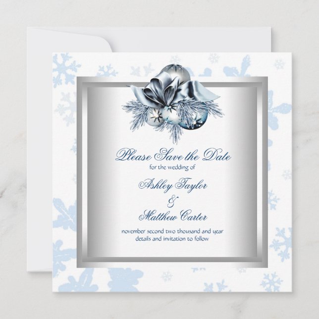 White Blue Snowflake Winter Wedding Save the Date (Front)
