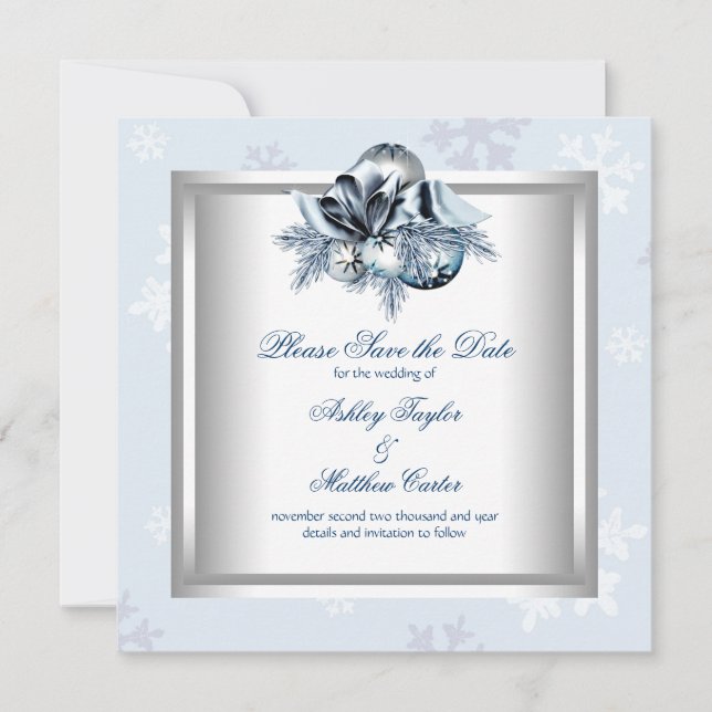 White Blue Snowflake Winter Wedding Save the Date (Front)