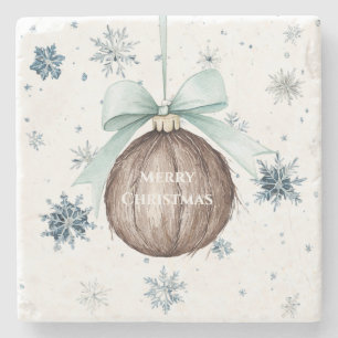 White Blue Snowflakes Christmas Coconut Bow Stone Coaster