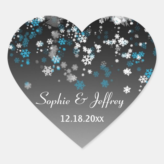 White, blue snowflakes on black Save the Date Heart Sticker (Front)