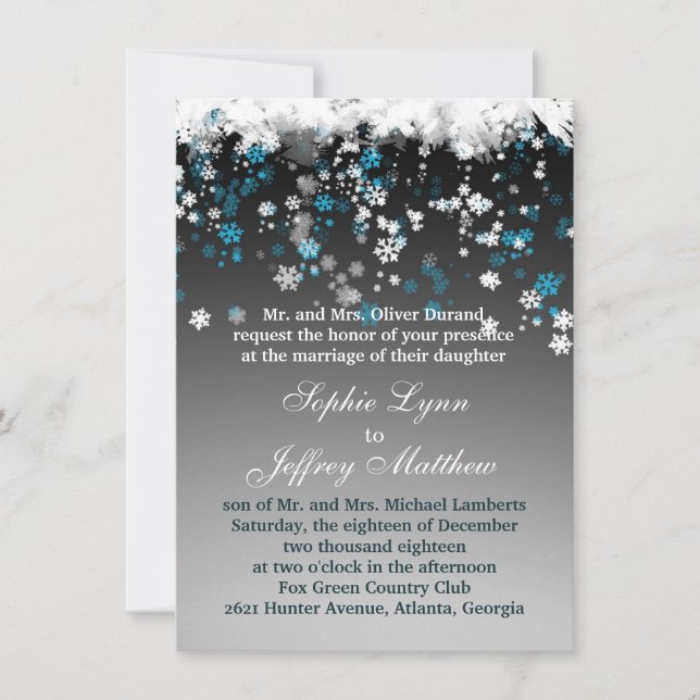 White, blue snowflakes on black Wedding Invitation (Front)