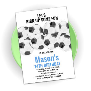 White Blue Soccer Birthday Invitations