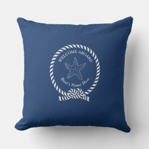 White Blue Starfish Nautical Solid Navy Blue Boat  Cushion