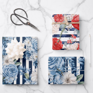 White Blue Stripes Floral Birthday Wrapping Paper Sheet